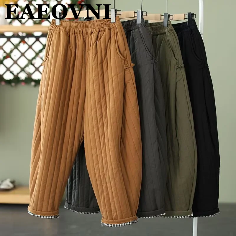 2026 New Women Retro Down Cotton Outwear Pants Elastic Waist Loose Relaxed Winter Warm Thickened Clip Cotton Trousers Trendy