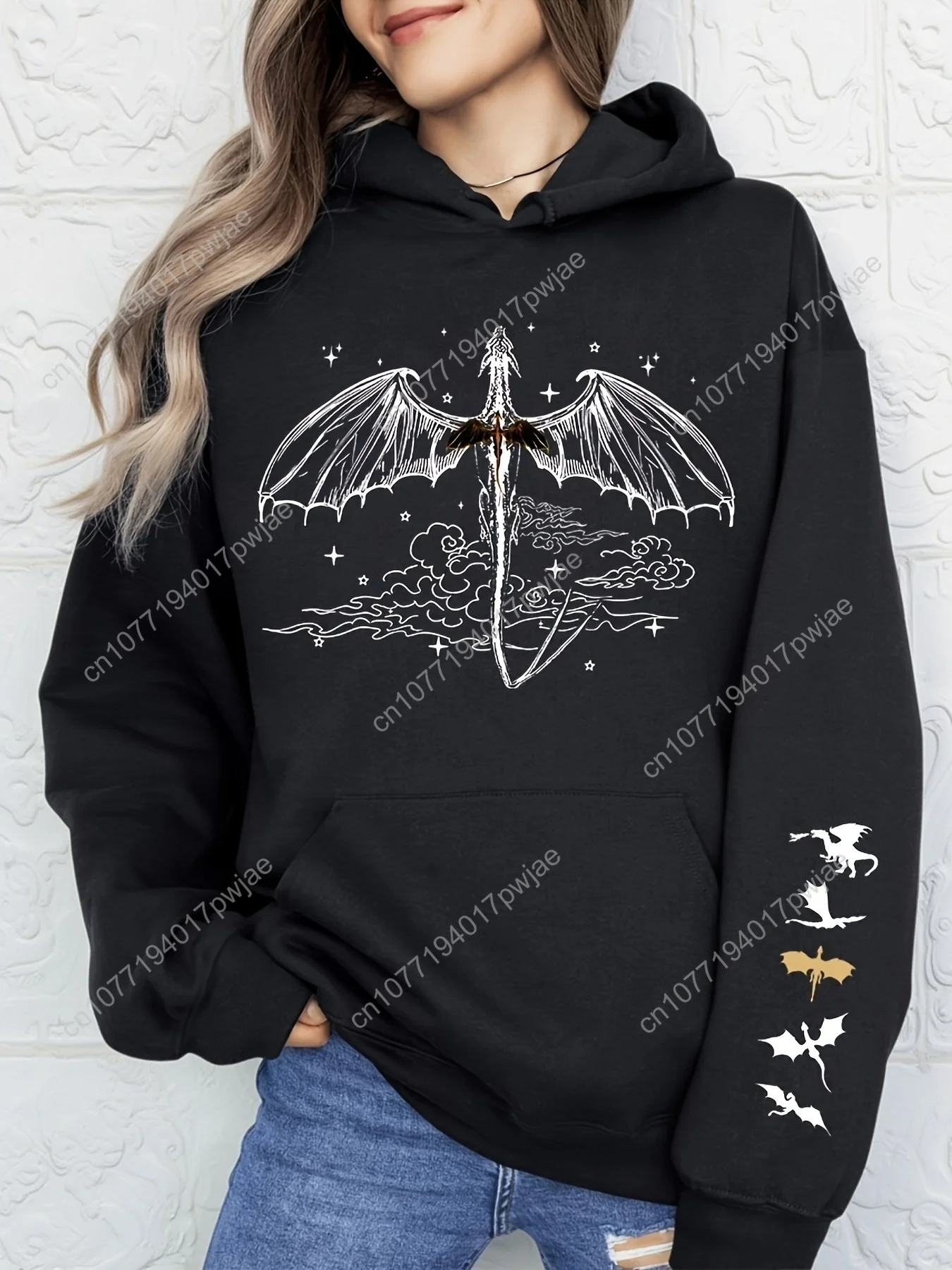 Sweat à capuche imprimé Dragon Knight vintage avec cordon de serrage et poche kangourou - Polyester récupéré, lavable en machine - Mode femme