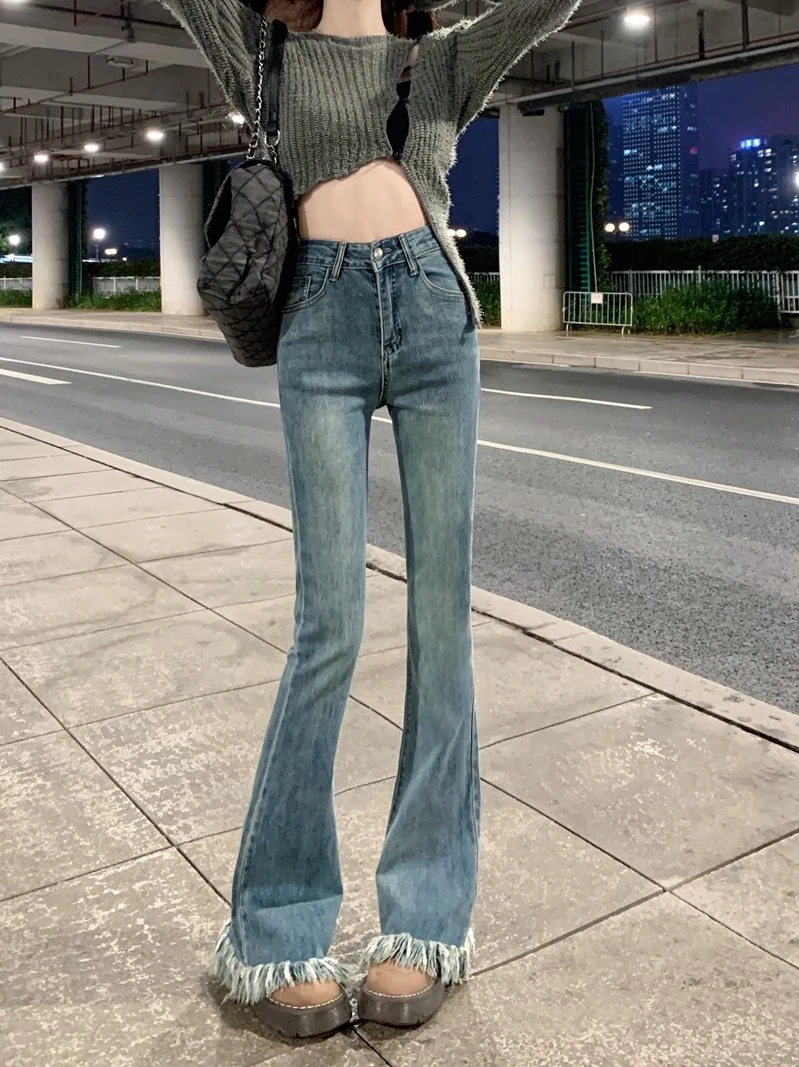 

High Waist Flared Jeans Women's plus Size Elastic Frayed Hem Ankle Length Pants Spring Autumn Korean Sle Slimming Effect