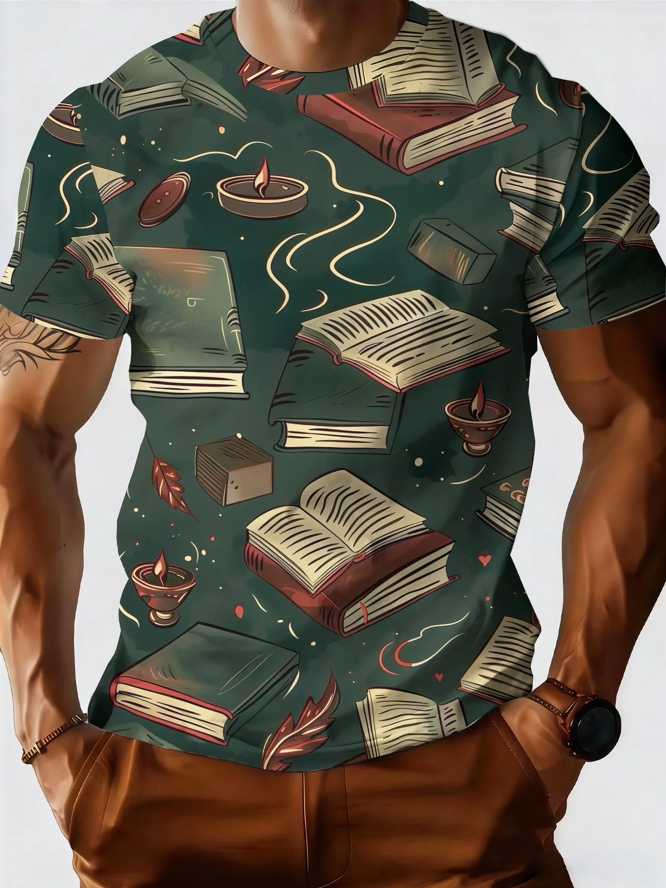 Men's T-shirt Summer New O-neck Candle Shadow Book Fragrance 3D Printed Half Sleeve Breathable Short Sleeve Trend Daily Menswear