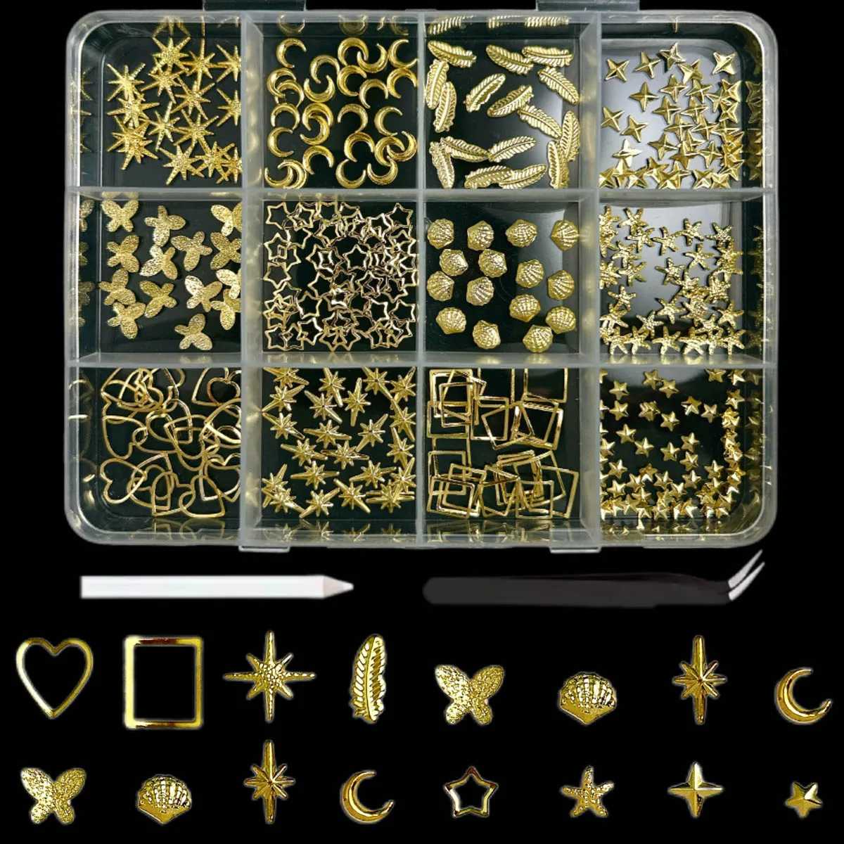 1 caixa 3d criativo colorido manchado flores resina decorações da arte do prego minimalista mini concha estrela de quatro pontas encantos do prego para diy