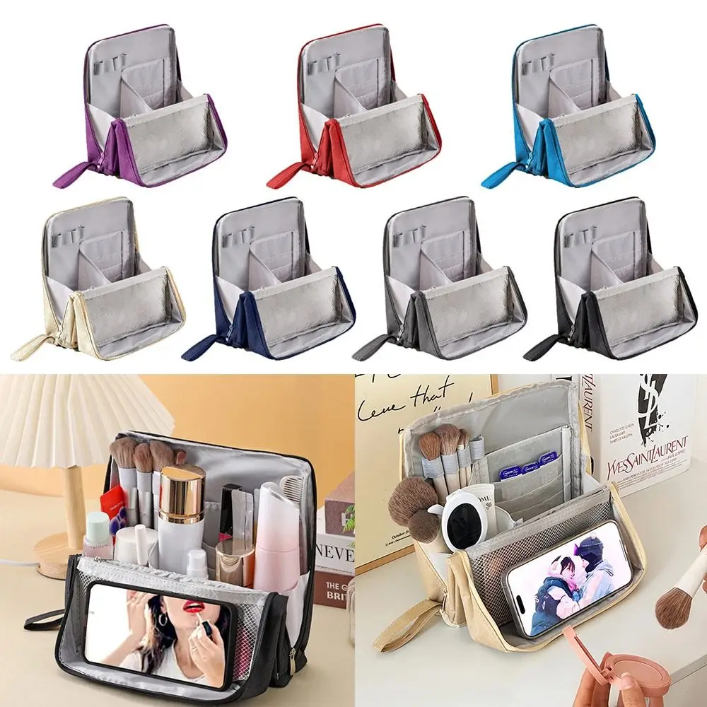 

Portable Oxford Cloth Standing Makeup Bag Large Capacity Waterproof Cosmetic Bag with Compartments Student Pen Pouch Women Girls