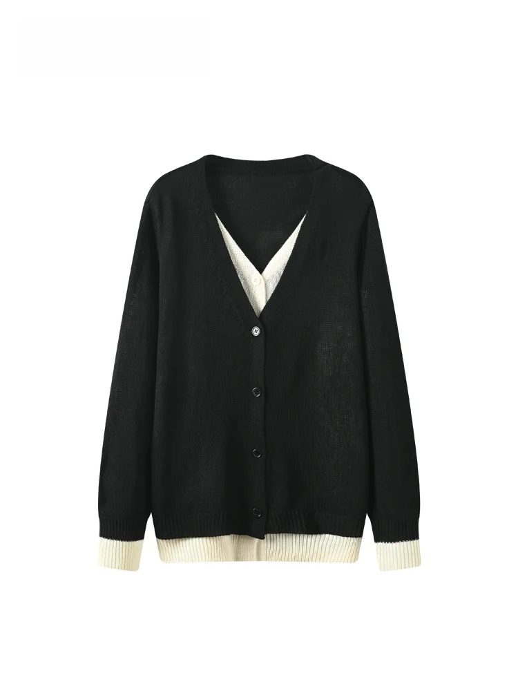 

Вязаный джемпер больших размеров с V-образным вырезом и длинными рукавами для женщин, осенний повседневный модный топ с цветовыми блоками, утягивающий, на одной пуговице