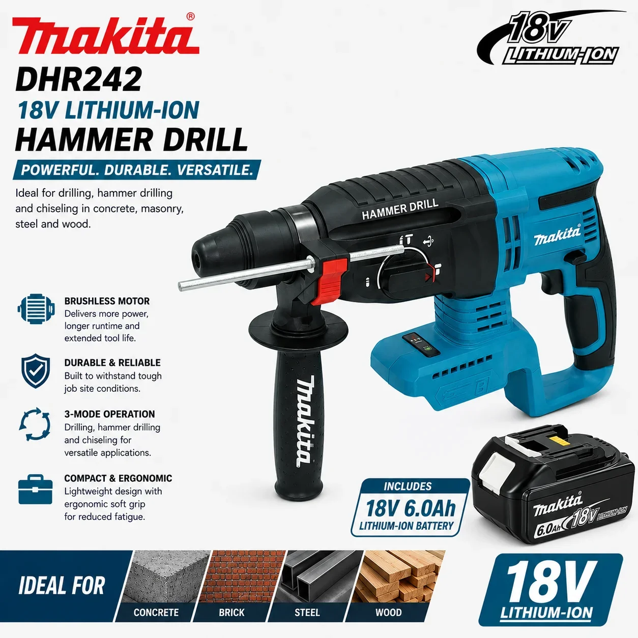 Per trapano-martello rotante a batteria Makita DHR242 18V LXT, utensile elettrico a 3 modalità SDS Plus per forare, martellare e scalpellare su cemento, muratura, acciaio e legno, con batteria agli