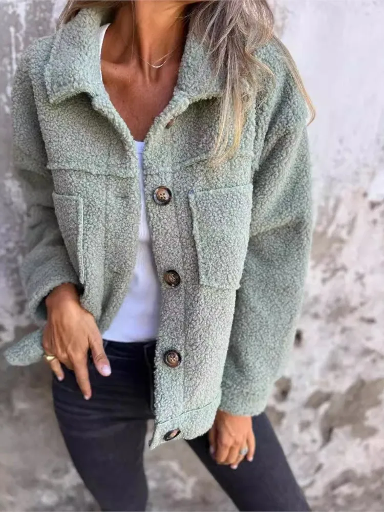 Mantel Jaket Solid Kasual untuk Wanita Mantel Jaket Kerah Lipat Kancing Lengan Panjang Mode Pakaian Wanita Musim Gugur Musim Dingin