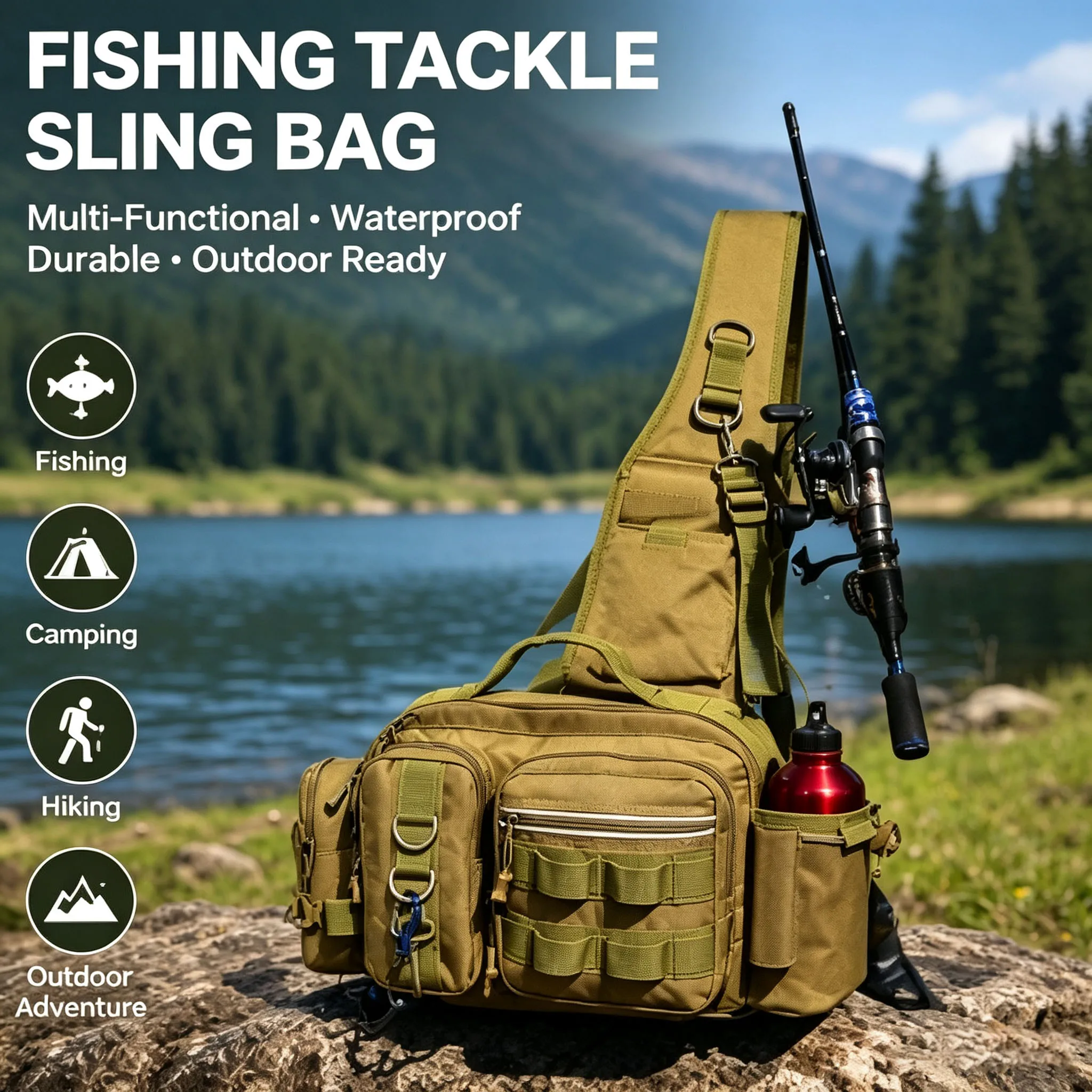 Outdoor Fishing Gear Storage Bag Multi-Functional Tackle Sling Backpack with Bottle Pocket Molle for Camping Hiking Fishing