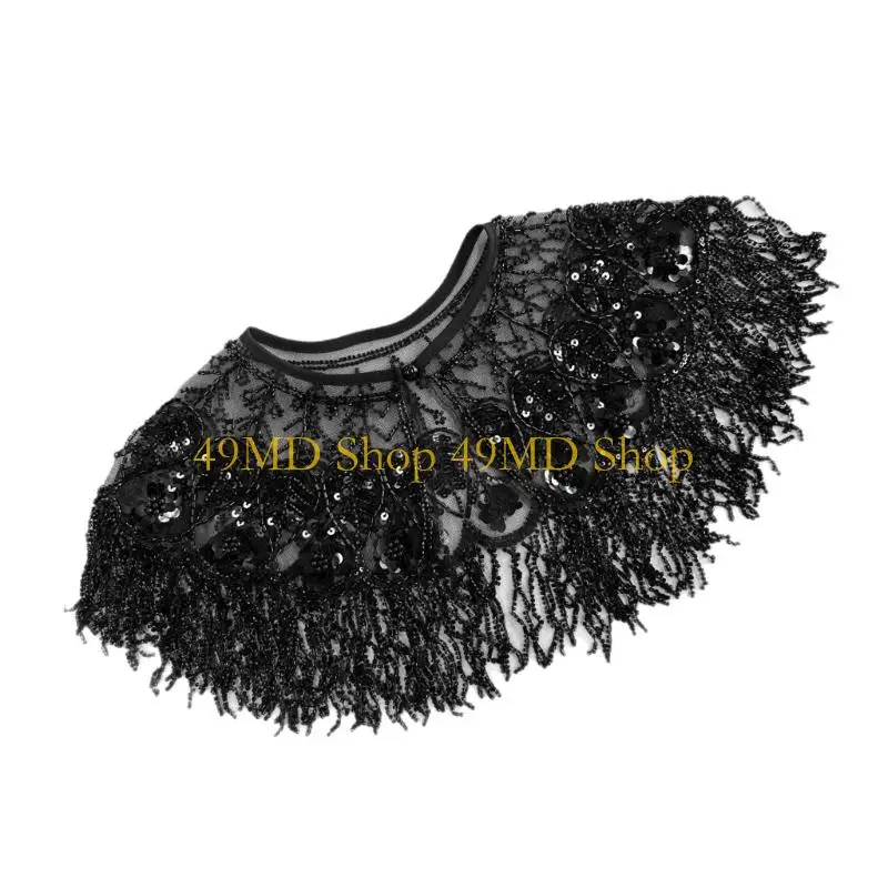 49MD Traditional Embroidered Bridal Capelet Delicate Glass Beadwork Flowing Fringe Design Soft Polyester Evening Shawl