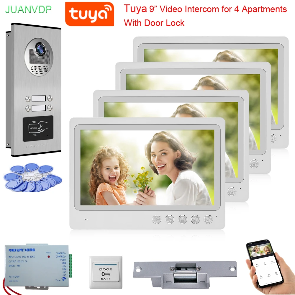 For 2/3/4/6 WiFi Video Intercom System 9” Monitors Smart Video Doorbell for Home with Rfid Card 2 Way TUYA APP Unlock for Home