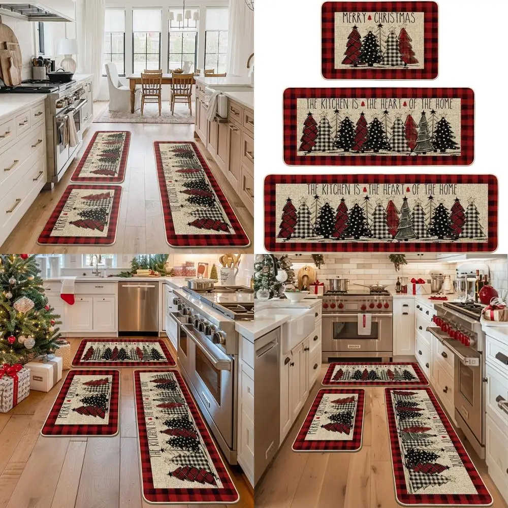 

Set of 3 Christmas Kitchen Mats: Buffalo Plaid, Red & Merry, 24x35, 24x59, 24x72