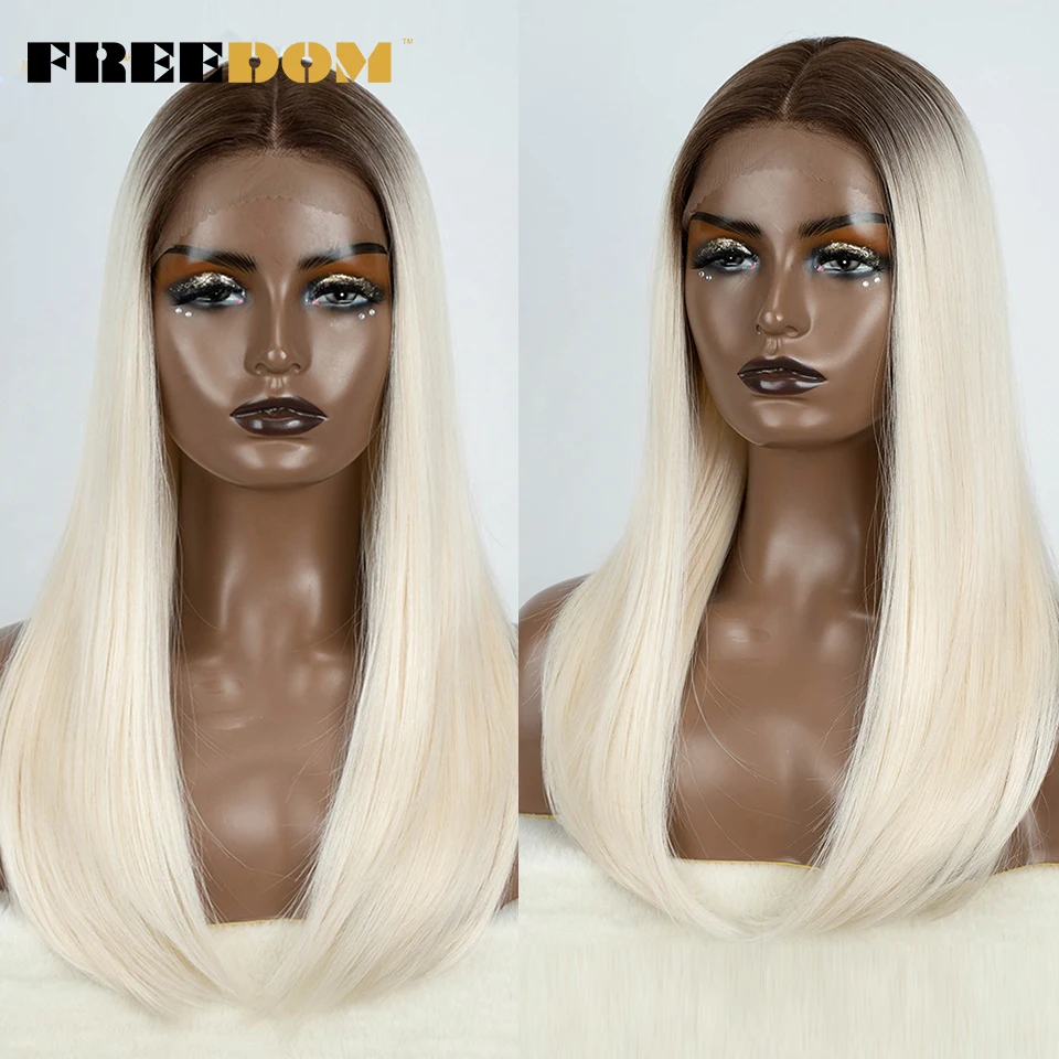 Freedom Hair Synthetische Lace Front Pruiken Voor Zwarte Vrouwen Rechte Bob Pruiken 22 Inch Easy Wear Ombre Bruine Blonde Pruik Cosplay Pruik