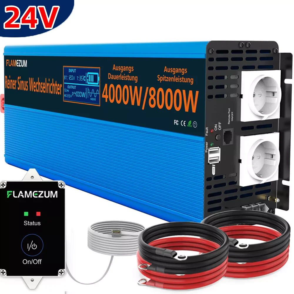 Inverter 24v 230v 8000w pure sine wave 50hz solar inverter dc to dc charger LED display usb charging dual socket