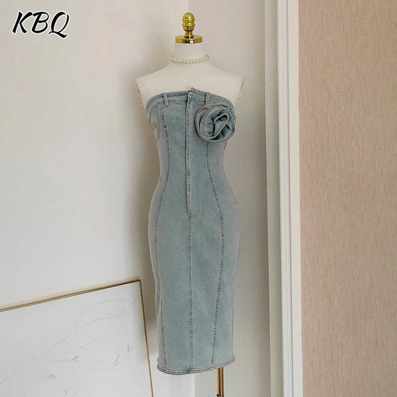 

KBQ Backless Spliced Appliques Slimming Dresses for Women Strapless Sleeveless High Waist Solid Chic Dress Female Fashion New