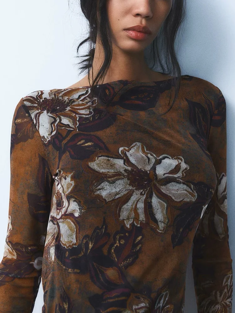 Vestido Sexy de Malla de Seda Estampado de Manga Larga con Espalda Descubierta y Un Hombro Descubierto, Nuevo Modelo de Moda ...