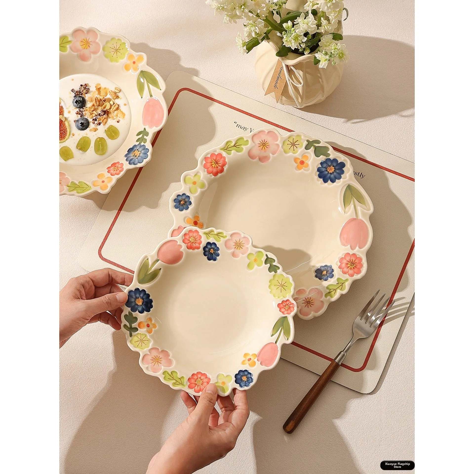

Ele Hand-Painted Cerc Plate Floral Design Salad Fruit Dert Plate Beautiful Dinnerware Slow Bowl Ins Sle