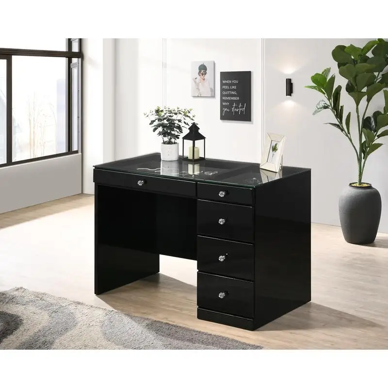 Glam Makeup Vanity Table with Glass Top, 5 Drawers, Crystal Knobs, Black Wood Bedroom Furniture