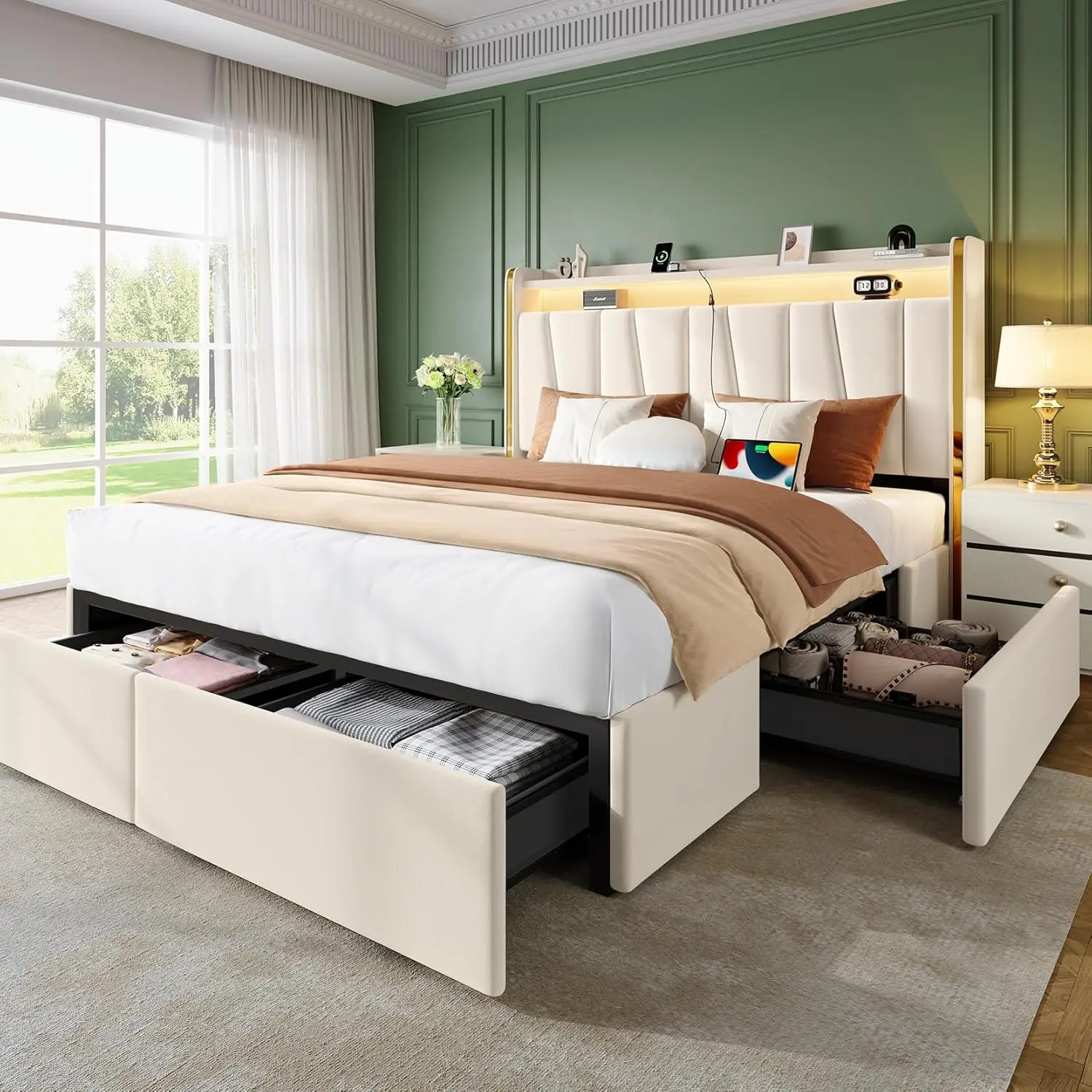 

Queen Bed Frame with 4 Dustproof Drawers and 2-Tier Storage Headboard, 51”Tall Upholstered Platform Bed Frame with Adju