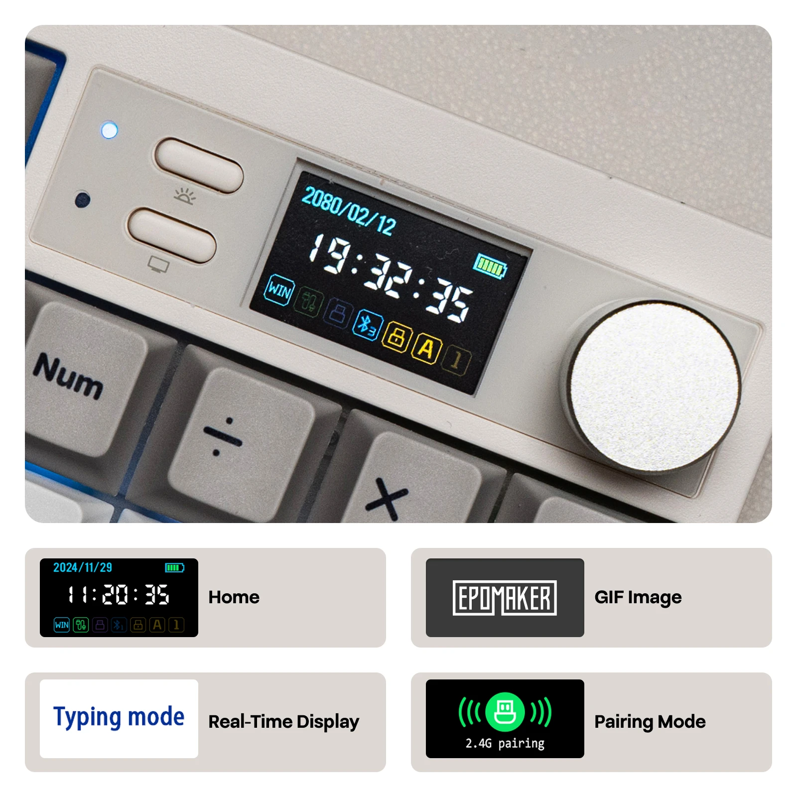 EPOMAKER QK108 QMK/VIA Pełnowymiarowa Klawiatura Mechaniczna ANSI US Layout Hot-Swap Przewodowa/Bluetooth/Bezprzewodowa 2.4Ghz z Ekranem i Pokrętłem — zdjęcie produktu 3