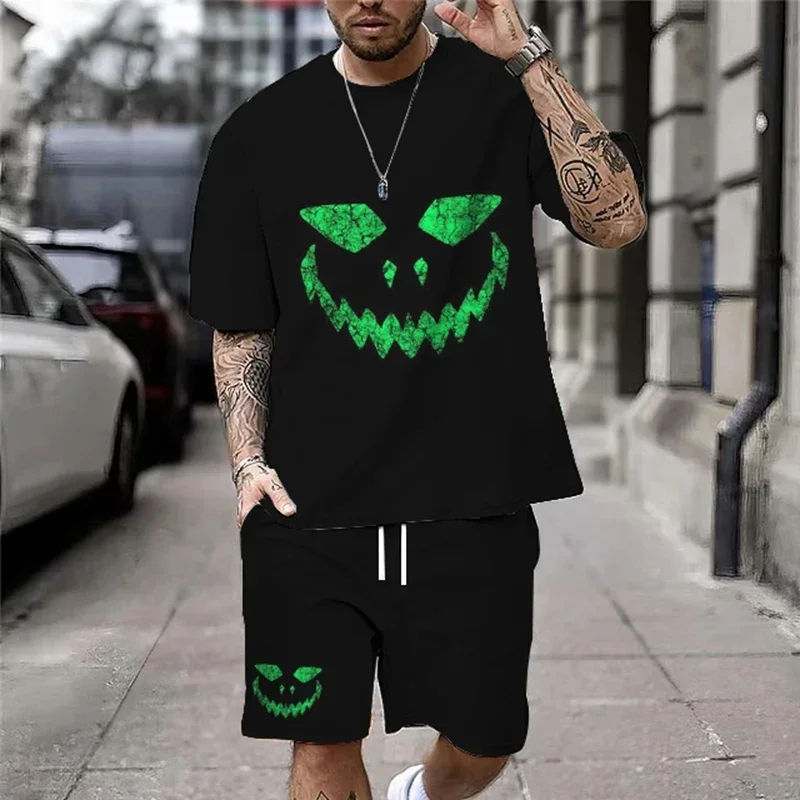 Men\'s Skull Print Tracksuit, Loose Set, Casual T-Shirt and Shorts, Summer Suit, New, 2022