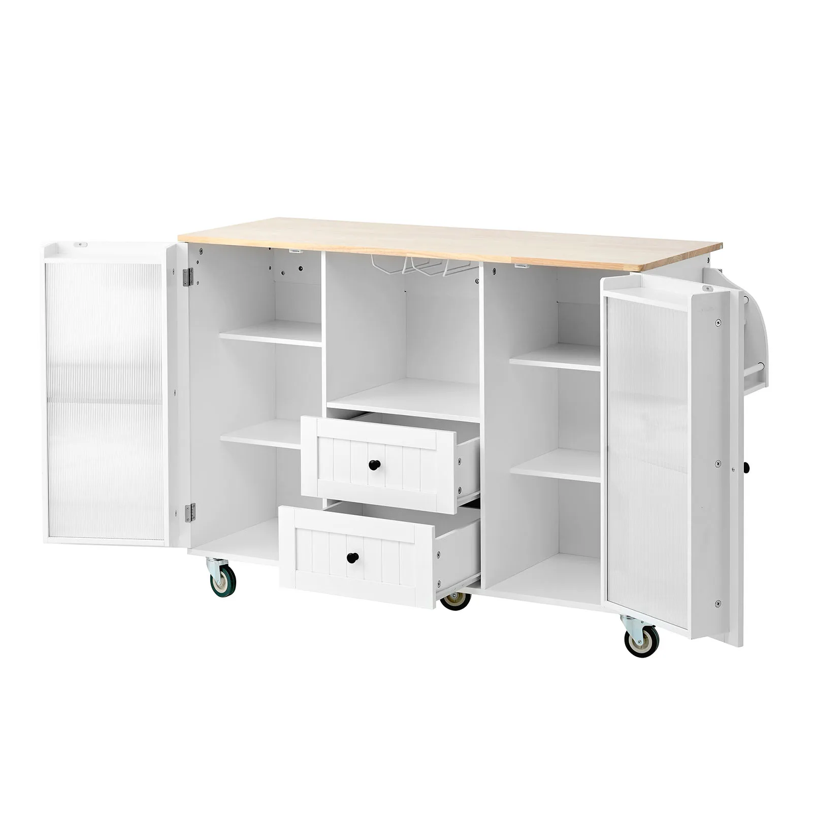 جزيرة المطبخ البيضاء مع طاولة دوارة على عجلات مع شريط أوراق الشجر على سطح الطاولة ورف تخزين مفتوح وجزيرة المطبخ المتدحرجة