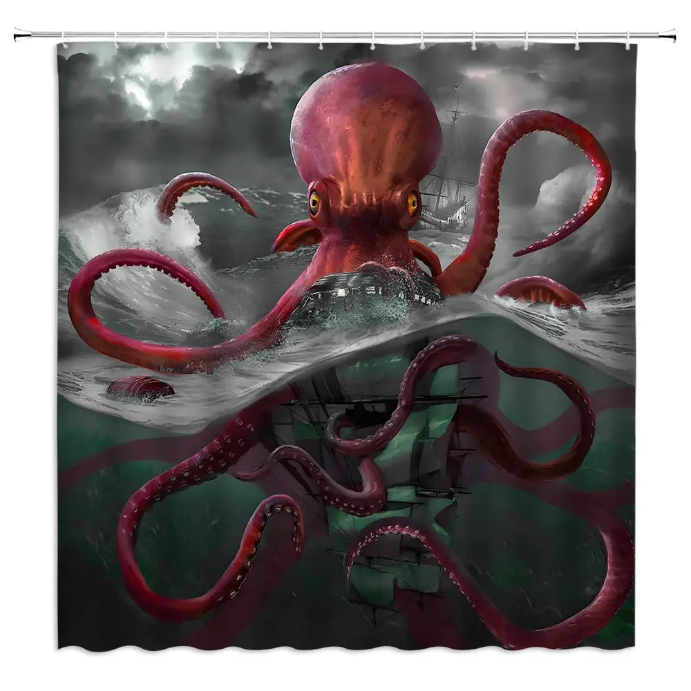 Cthulhu Monster Octopus Shower Curtain Ocean Kraken Tentacles Nautical Sailboat Fantasy Marine Life Artwork Bathroom Curtain Set