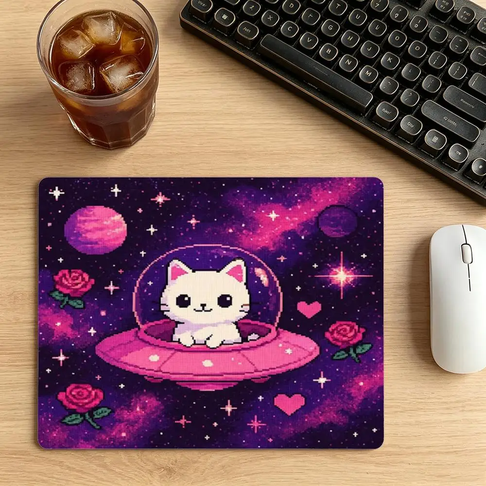 Pink UFO Carrying White Kitten Floating Among Colorful Space Planets For Casual Laptop Mousepad