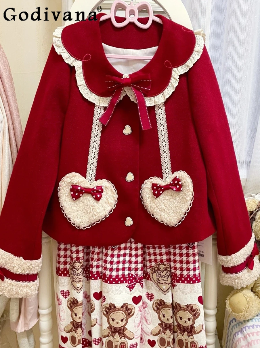 일본 오리지널 레트로 가을 겨울 짧은 모직 코트 크리스마스 새해 레드 달콤한 귀여운 소녀 로리타 두꺼운 오버코트