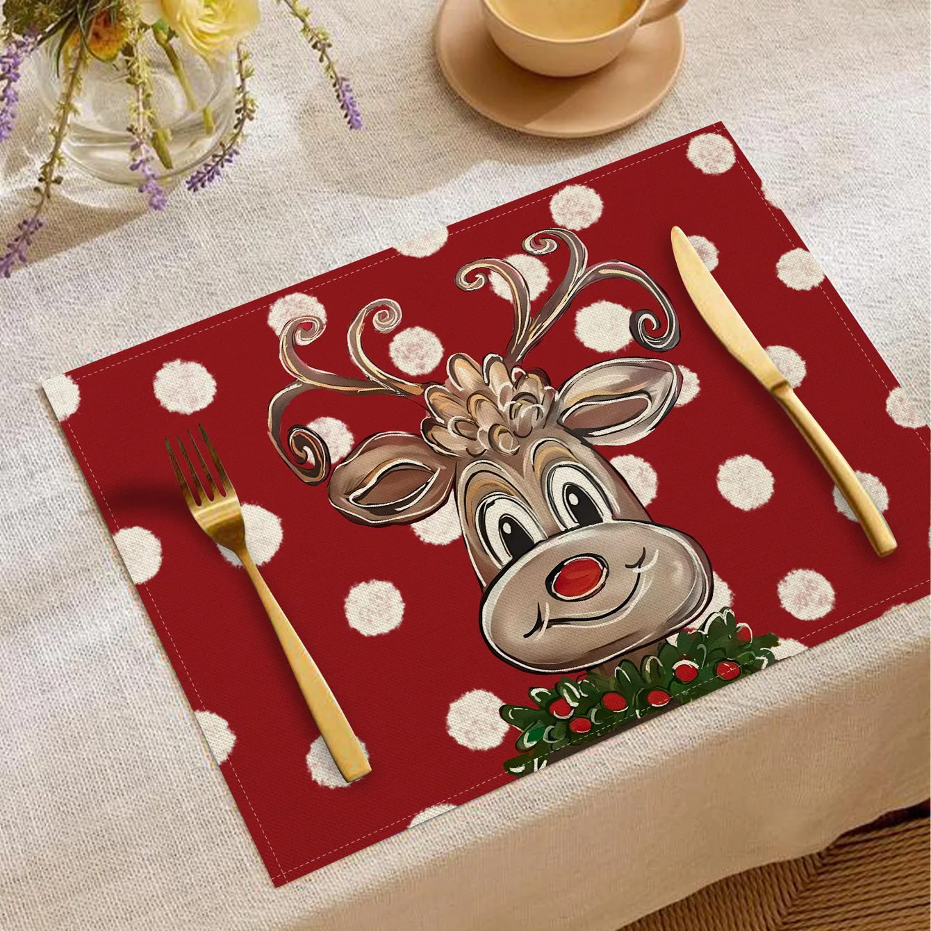 

4pc Linen Christmas Tree Elk Placemat Linen Dining Table Mat Coaster Bowl Coffee Cup Pad Mat For Navidad Home Kitchen Decoration