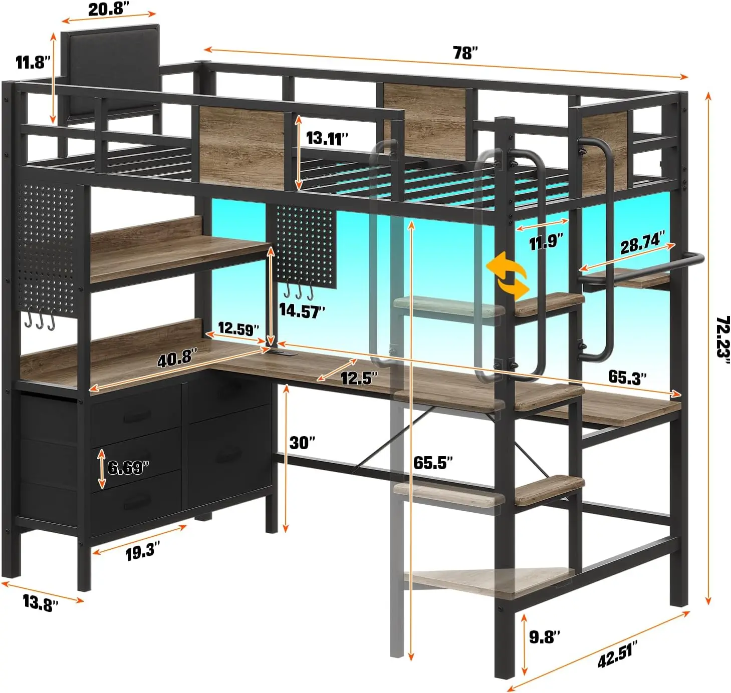 Bunk Bed with Desk Underneath Loft Bed with Desk RGB LED Lights, and Charging Station,Loft Bed with Drawer Cabinets and Pegboard