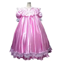 Pink Smooth Satin Shoulder Fluffy Bubble Sleeves with Lace Embellished Cuffs Lace Hemline Long Skirt