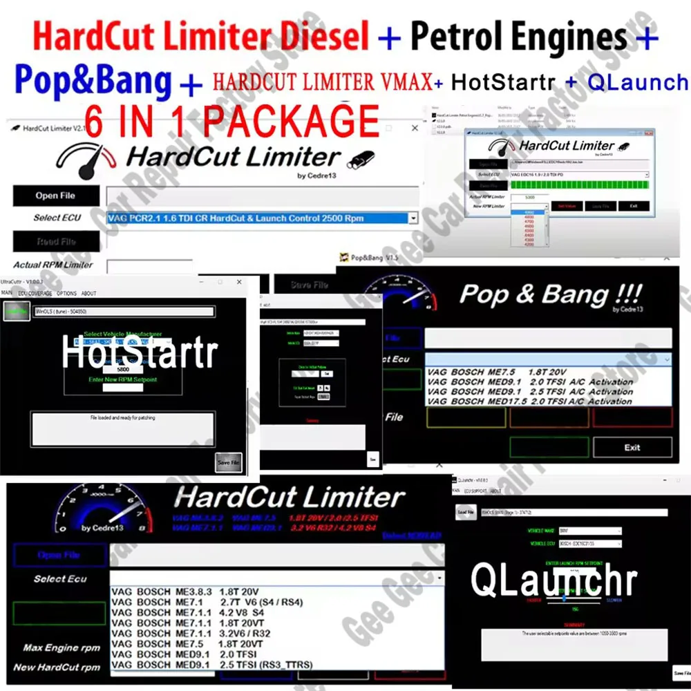 

ECU Software 6 IN 1 PACKAGE HardCut Limiter Diesel + Petrol Engine UltraCuttr + Pop&Bang + HARDCUT VMAX + HotStartr + QLaunchr