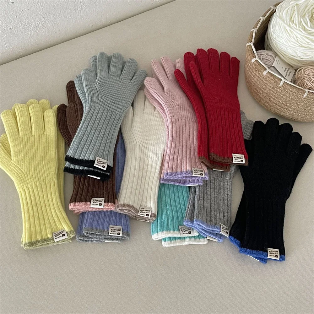 Guantes de punto de color caramelo que pueden tocar la pantalla, lindos guantes de lana para estudiantes con dedos de rocío a prueba de frío para montar en invierno, 27x9CM