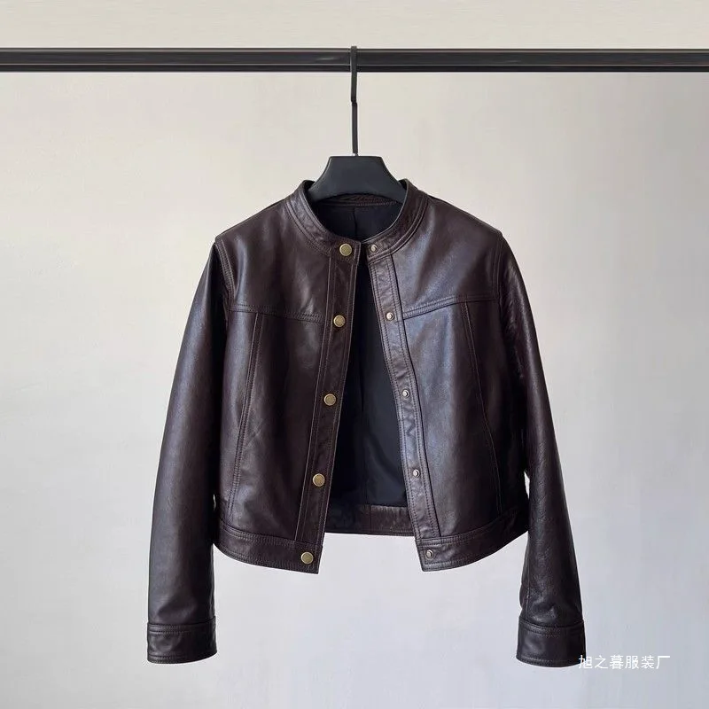 Short leather jacket, 2026 autumn new style, loose and casual, fashionable round neck leather jacket, motorcycle jacket