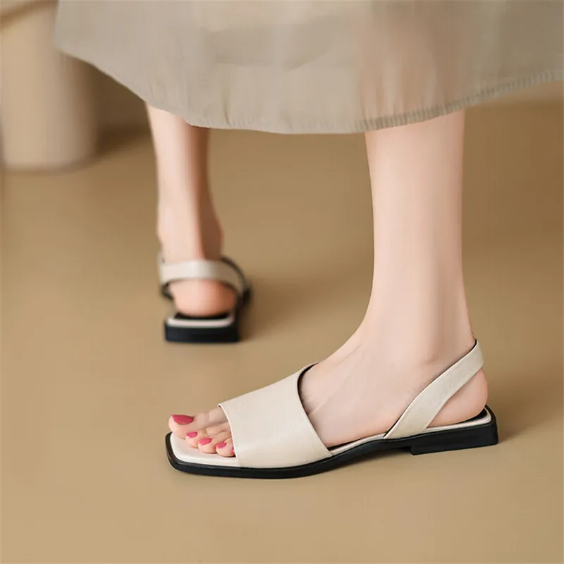 2023 New Fashion Summer Sandals Square Toe Roman Sandals Chunky Heels Shoes for Women Handmade Flat Shoes Concise Women Sandals