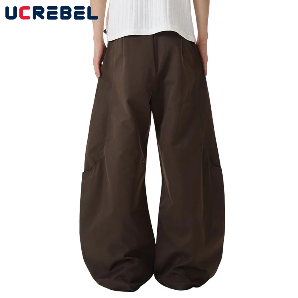Spliced Solid Color Banana Pants Mens Y2k Baggy Wide Leg Casual 3D Scimitar Pants Harem Trousers