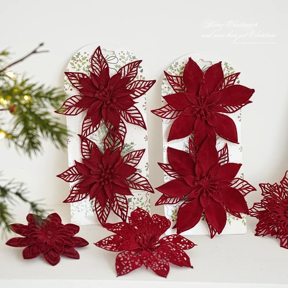 Vintage Artificial Christmas Poinsettia With Clip Multi Layer Flocked Flower Ornament Realistic Handmade