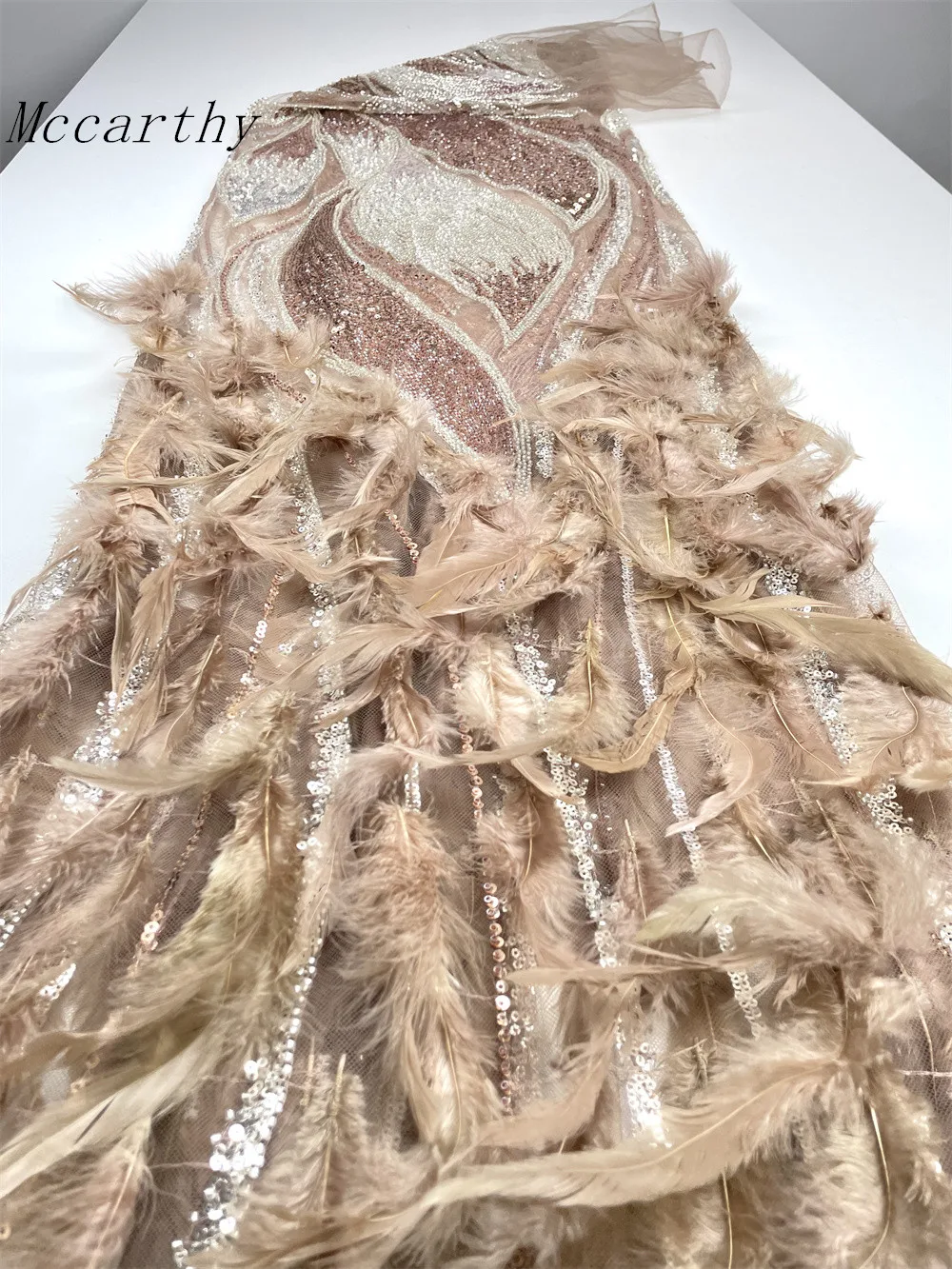 

2025 Luxury 3D Feather Nigerian Handmade Beads Lace Fabric, French Mesh Tulle, Sequins, Beaded Embroidery, African Lace Lace