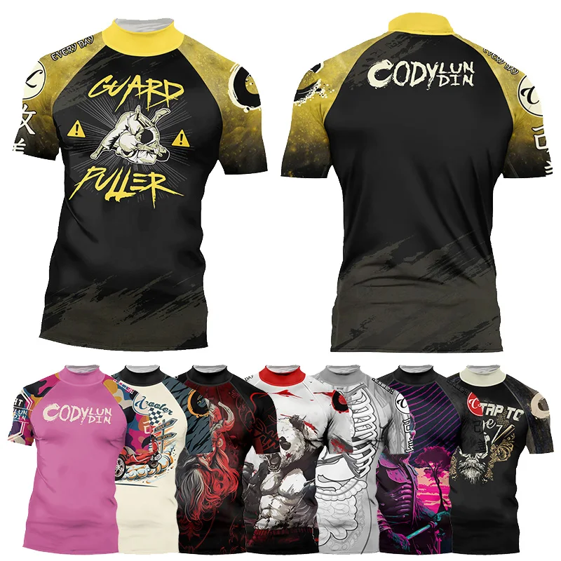 

NEW Trendy Graphic Printed MMA BJJ Muay Thai Anti-Wear Fitness Short Sleeve Rashguard High Neck Protection Training Sportswear