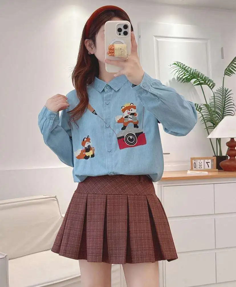 Japońska koszula dżinsowa z haftem w stylu Mori Girl, vintage, z motywem lisa, damska, wiosenna, z kołnierzykiem, długi rękaw, luźna bluzka codzienna.