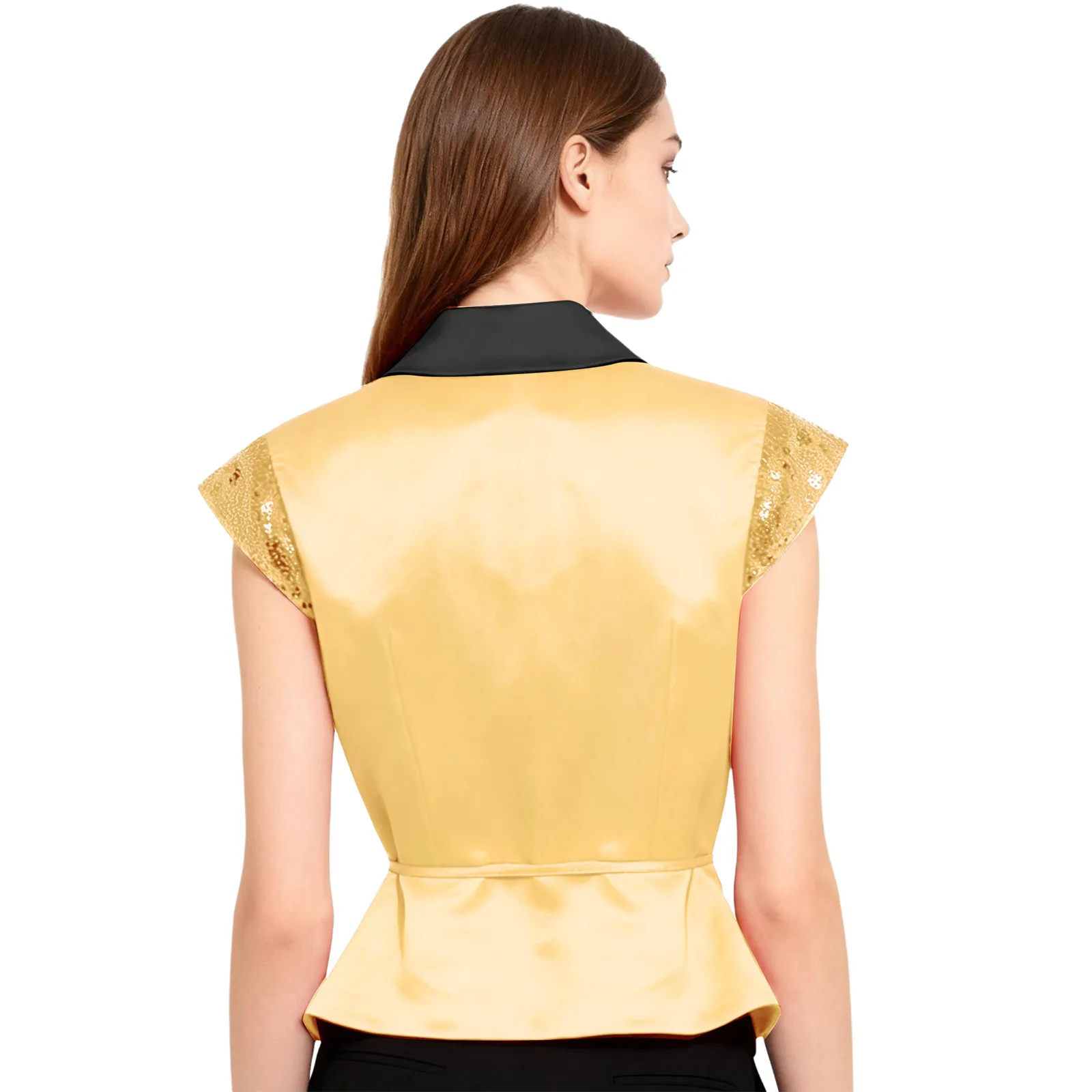 Women Sequin Vest V-neck Label Cap Sleeves Wedding Party Waistcoat with Belt Rave Music Festival Jazz Dance Costume Clubwear