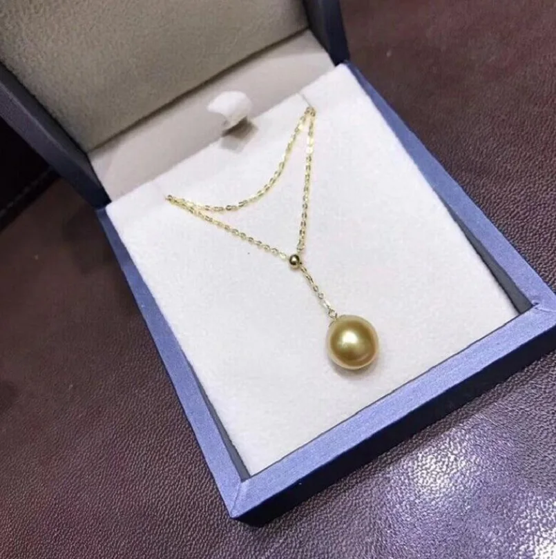 

AAAA 12-11mm South China Sea Round Gold Pearl Pendant Necklace 18K Gold