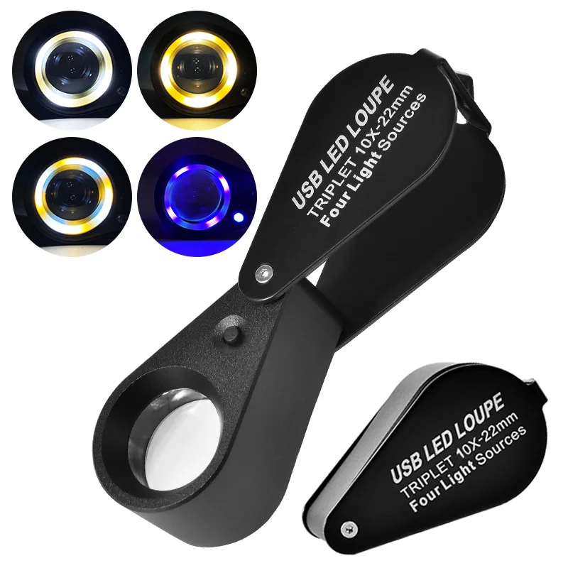 10X 20X 30X ชาร์จ Jewelers Loupe พร้อม UV และไฟ LED, สี่โหมด, ส่องสว่าง 22 มม. แว่นขยาย