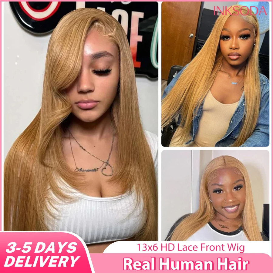 

Парик из натуральных волос 220 Density Honey Blonde, 13X6 HD Lace Frontal, прямой, с предварительно выщипанными прядями, бразильские волосы # 27 цветных париков с кружевной передней частью