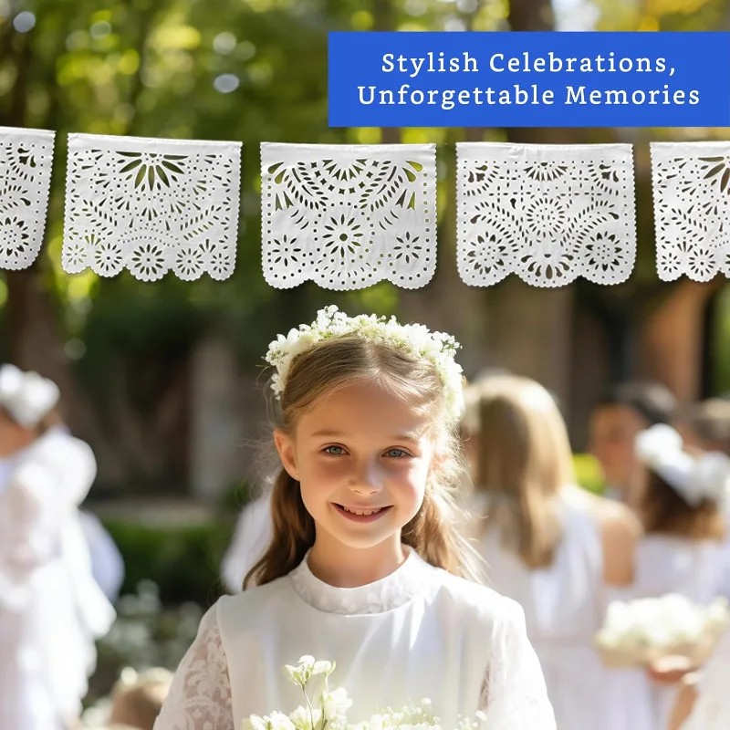White Papel Picado Carved Hanging Banner Backdrop for White Weddings Birthday Carnival Mexican Themed Party Decoracione Supplies