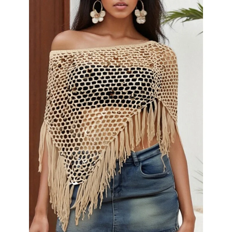 Women Off Shoulder Sequin Fishnet Crochet Poncho Tassel Fringe Asymmetric Hem Boho Crop Cover Up Wrap Top
