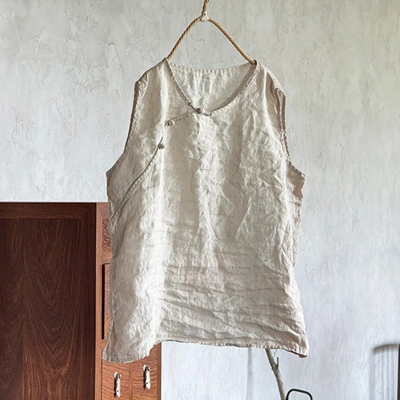 100% Linen Women Casual Tank Tops New 2025 Summer Vintage Style O-neck Solid Color Loose Female Sleeveless Tops Tees M1299