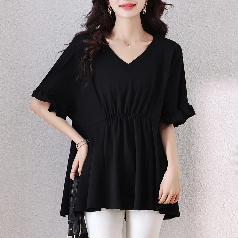 #2867 Black Irregular Blouse Women V-neck Folds Thin Sexy Split Joint Office Chiffon Womens Tops And Blouses Flare Sleeve Summer