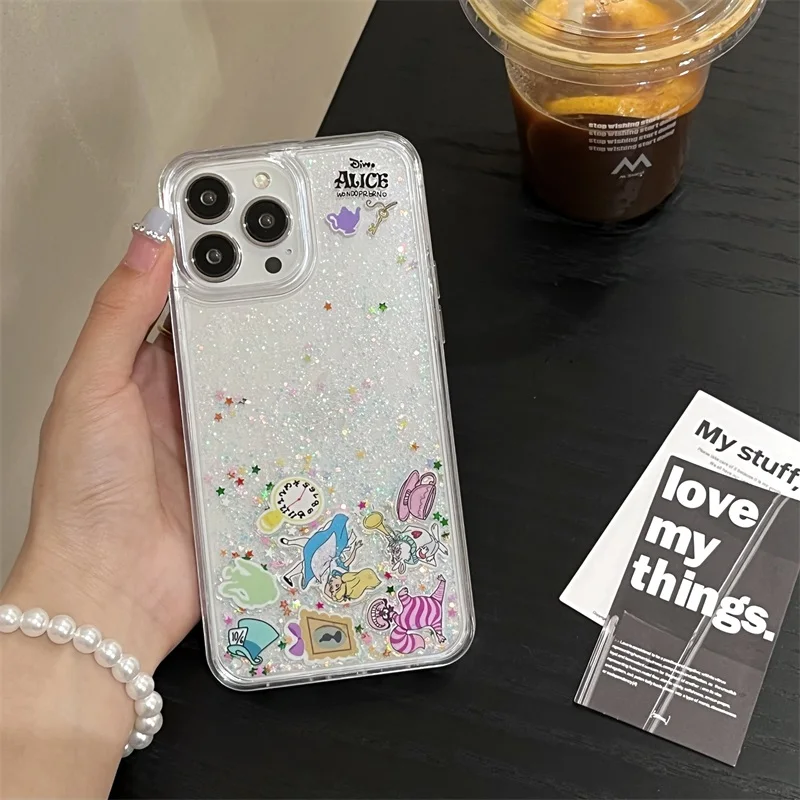 Cute Disney Alice Glitter Case For iphone 15 14 13 12 11 Pro Max X XR XS MAX7 8 Plus Liquid Quicksand Bling Sequins Back Cover