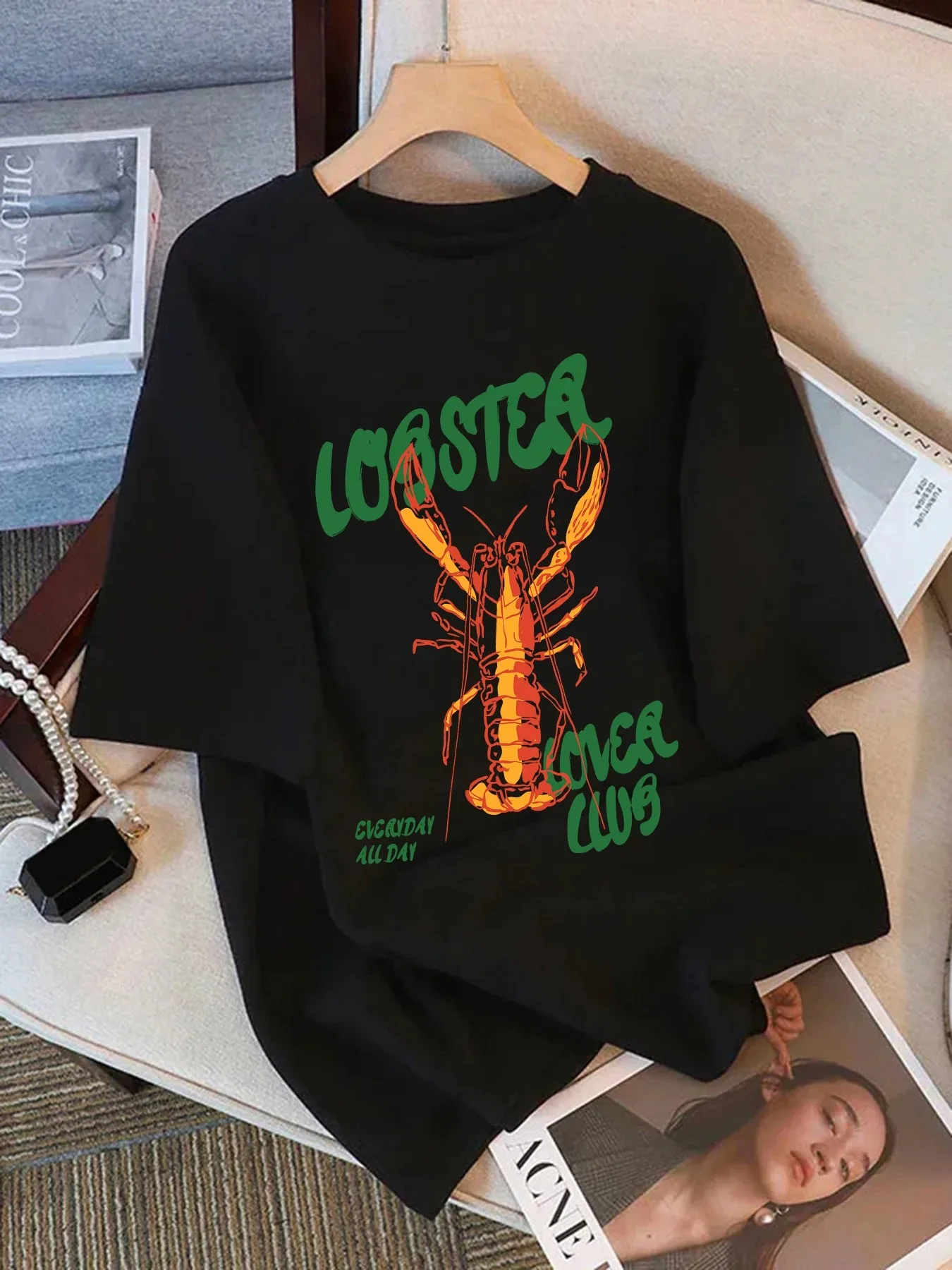 Modern Lobster Lover Club Graphic T-Shirt Everyday All Day Print Harajuku Style Retro Aesthetic Streetwear Summer Top Art