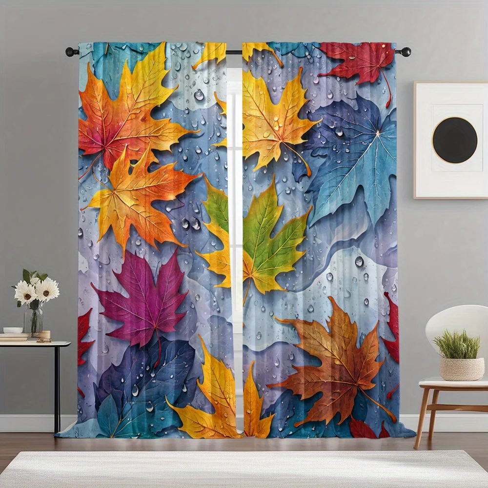 Autumn Maple Leaf Water Droplet Curtains Set of 2 Rod Pocket Semi Sheer for Living Room Bedroom Decor