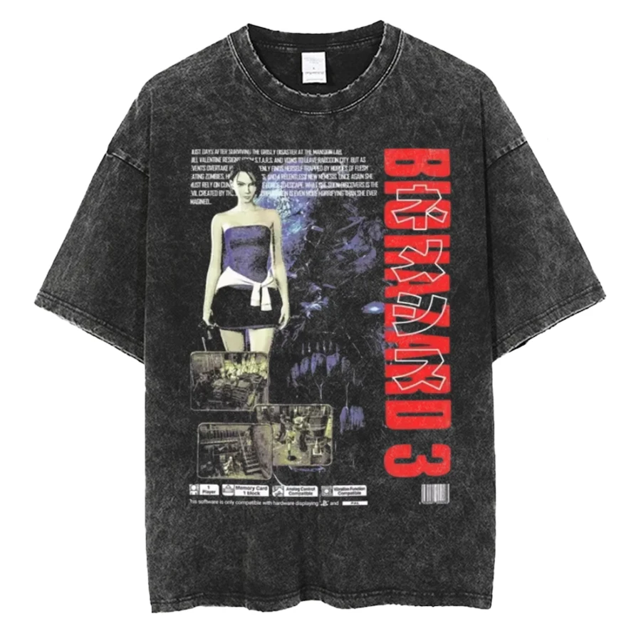 Vintage Washed T‑shirt Biohazard Resident Evil Front Print Unisex Game Oversized Short Sleeve Streetwear Tee